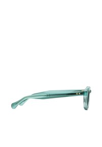 Un paio di occhiali da sole verde menta con montatura rettangolare, materiale plastico trasparente e aste sottili con sottili accenti dorati.