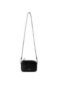 Bolso cruzado de piel negra con textura suave, forma rectangular, cierre de cremallera y herrajes en tono dorado. Presenta una correa delgada y un acento de logo.