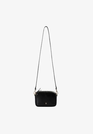 Black leather crossbody bag with a smooth texture, rectangular shape, zip closure, and gold-tone hardware. Features a slim strap and logo accent.