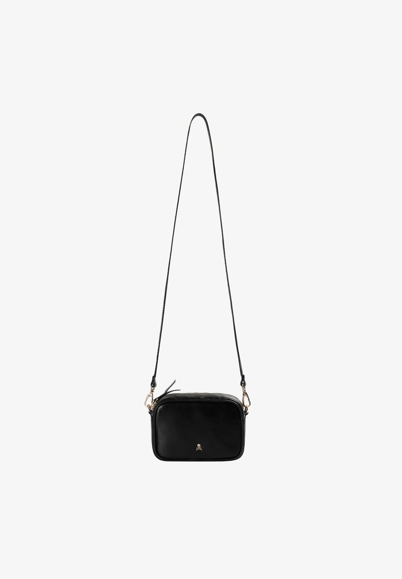 Black leather crossbody bag with a smooth texture, rectangular shape, zip closure, and gold-tone hardware. Features a slim strap and logo accent.
