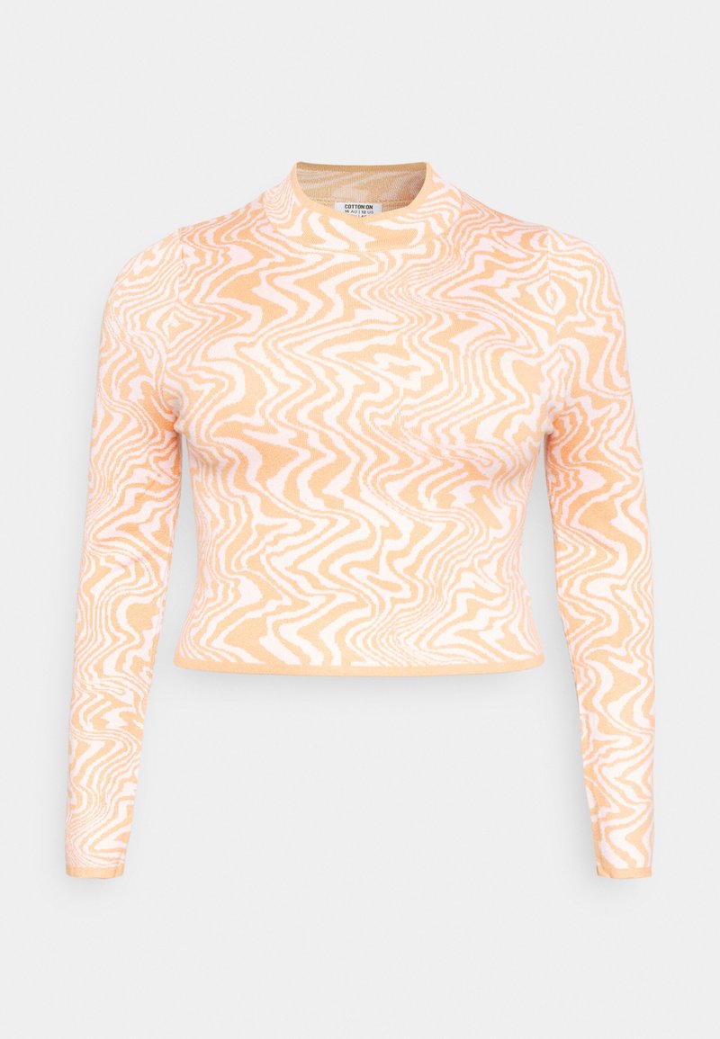 Top cropped de manga longa em pêssego com padrão de ondas brancas. Textura suave com design de gola alta. Tecido elástico para conforto e ajuste.