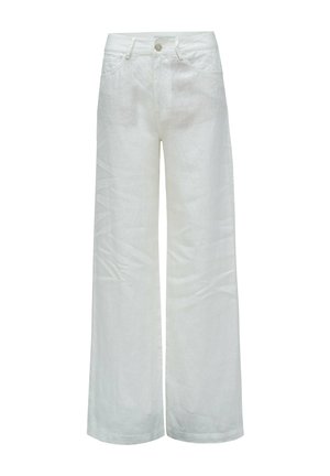Pantalones blancos de talle alto y pernera ancha con botón y cremallera delanteros, trabillas para cinturón y bolsillos delanteros, mostrados sobre un fondo blanco liso.