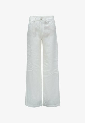 Pantalon blanc taille haute à jambes larges avec bouton et fermeture éclair frontaux, passants de ceinture et poches avant, présenté sur un fond blanc uni.