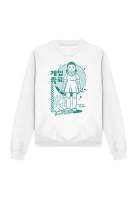 White sweatshirt featuring a teal graphic of a character with pigtails in a dress. Text includes "Red Light Green Light" and Korean characters.