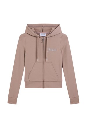 Taupefarbener Kapuzenpullover mit Reißverschluss, Kordeln, Kängurutasche und "Juicy" in Strasssteinen auf der linken Brust.