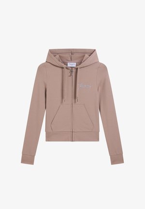 Taupefarbener Kapuzenpullover mit Reißverschluss, Kordeln, Kängurutasche und "Juicy" in Strasssteinen auf der linken Brust.