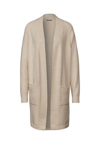 Béžový dlouhý kardigan s otevřeným předním dílem, dvěma kapsami vpředu a žebrovanými manžetami, určený pro každodenní nošení.