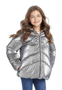 Giacca puffer argento con design trapuntato, cappuccio e zip frontale. Presenta una finitura lucida e una silhouette leggermente oversize.