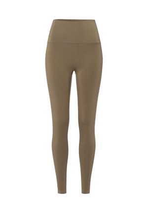 Leggings olive vert taille haute en matériau extensible, présentant une texture lisse et un design ajusté, sans coutures visibles.