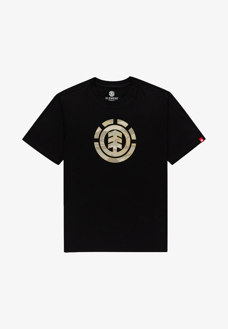 Camiseta de algodón negra con un gran logo circular beige con un diseño de árbol en el centro. Cuello redondo y mangas cortas con una etiqueta lateral.
