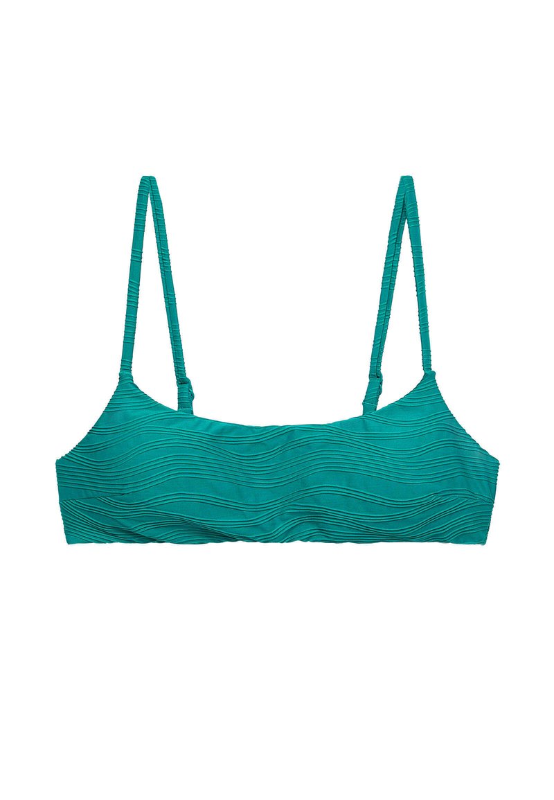 Top bikini turchese con texture a onde orizzontali, spalline sottili e regolabili, e forma rettangolare. Progettato per un look aderente.