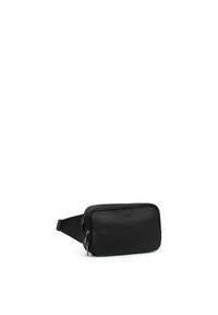 Marsupio in pelle nera con fronte testurizzato, retro liscio, chiusura con zip e tracolla regolabile. Forma rettangolare compatta, design minimalista.