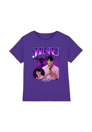 Purple T-shirt with animated character JINU holding a microphone, a dark figure behind, and "KPOP DEMON HUNTERS" text below.