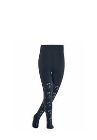 Collant neri con un motivo floreale composto da fiori blu e rami rossi, realizzati in un materiale elasticizzato con una superficie morbida e una vita elasticizzata.
