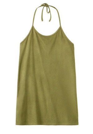 Sleeveless olive green halter-neck dress with thin straps tied at the neck, straight cut, plain fabric.