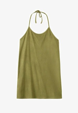 Sleeveless olive green halter-neck dress with thin straps tied at the neck, straight cut, plain fabric.