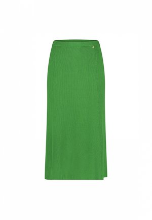 Green knitted skirt with a ribbed texture, featuring a side slit and a small gold accent at the waistband.