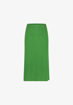 Groene gebreide rok met een geribde textuur, met een split aan de zijkant en een kleine gouden accent bij de tailleband.