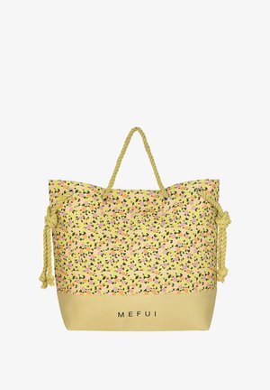 Borsa a spalla con motivo floreale giallo, manici in corda e fondo di colore solido. Presenta il nome del marchio "MEFUI" in evidenza sul davanti.