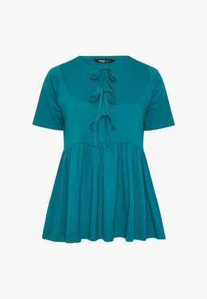 Top babydoll corto de manga corta en color azul verdoso con tres lazos decorativos en la parte delantera y cintura fruncida para un ajuste fluido.