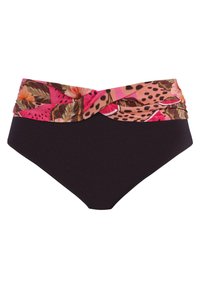 Bikiny s vysokým pasem, které mají černou barvu a barevný květinový a zvířecí potisk v obvodu. Hladký materiál.