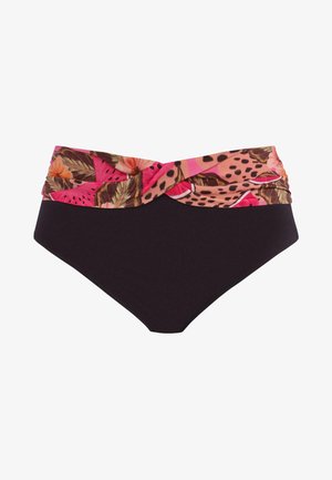 Parte inferior de bikini de talle alto con un cuerpo negro y una cinturilla envolvente de estampado floral y animal colorido. Textura de tela suave.