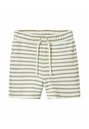Shorts rayés de couleur crème et olive, dotés d'une taille élastique avec cordon de serrage et d'un tissu doux et texturé.