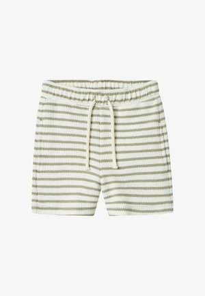 Shorts rayés de couleur crème et olive, dotés d'une taille élastique avec cordon de serrage et d'un tissu doux et texturé.