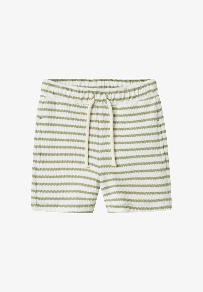 Pruhované kraťasy v krémové a olivové barvě, s elastickým pasem na šňůrku a měkkou, texturovanou tkaninou.