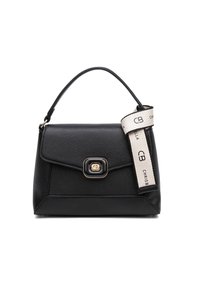 Borsa a tracolla nera in pelle con una forma strutturata, dotata di una chiusura dorata, superficie testurizzata e una tracolla in tessuto con marchio stampato.