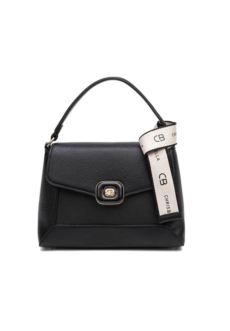 Borsa a tracolla nera in pelle con una forma strutturata, dotata di una chiusura dorata, superficie testurizzata e una tracolla in tessuto con marchio stampato.