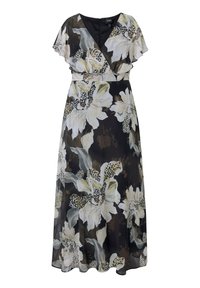 Zwarte maxi-jurk met grote witte en beige bloemenprint, V-hals, vleermuismouwen en gevormde taille.