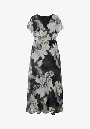 Abito lungo nero con grande stampa floreale bianca e beige, scollatura a V, maniche a farfalla e vita aderente.