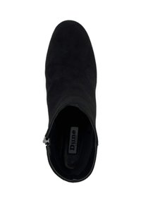 Black suede ankle boot with a rounded toe and side zipper. Smooth texture and minimalist design, featuring a branded insole.
