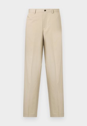 Pantalones beige hechos de una tela ligera, con un diseño de pierna recta, un pliegue frontal sencillo y un cierre de botón en la cintura.