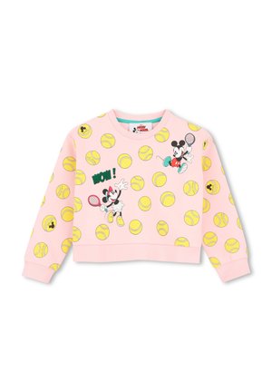 Sweat-shirt rose pour enfants avec des balles de tennis jaunes et Mickey et Minnie jouant au tennis, texte "WOW !" sur le devant.