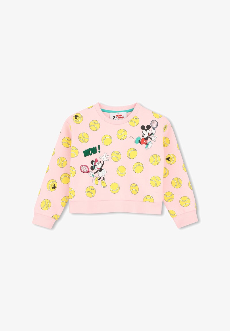 Felpa rosa per bambini con palline da tennis gialle e Topolino e Minni che giocano a tennis, testo "WOW!" sul davanti.