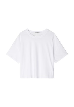 T-shirt blanc court en coton à manches courtes avec encolure ronde et coupe décontractée, présenté sur un fond blanc uni.