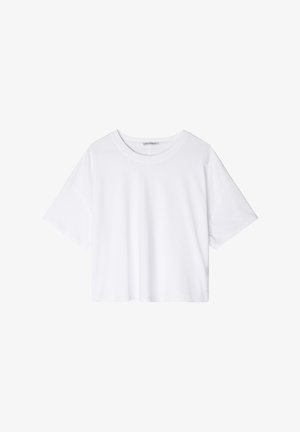 T-shirt blanc court en coton à manches courtes avec encolure ronde et coupe décontractée, présenté sur un fond blanc uni.