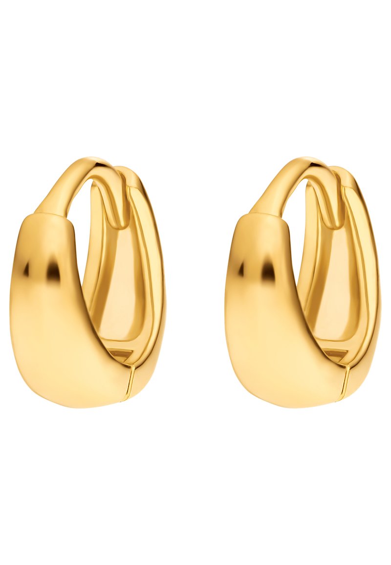Gold-tone hoop earrings with a smooth, oval design and polished surface. Features a secure closure and a contemporary, rounded shape.