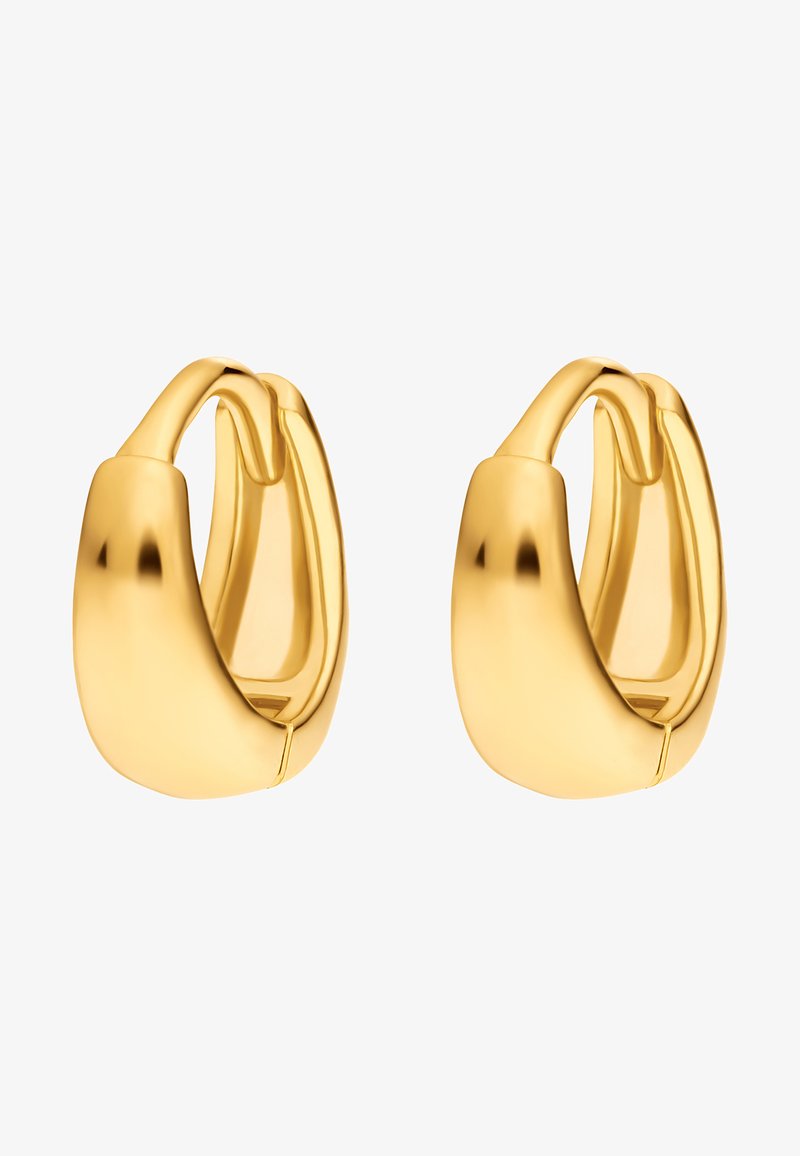 Zlatne naušnice u obliku obruča s glatkim, ovalnim dizajnom i poliranim površinama. Sadrže sigurnosno zatvaranje i suvremeni, zaobljeni oblik.