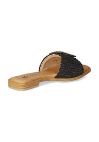 Black woven slide sandal with a flat wooden sole, featuring a smooth, light-colored insole and a metallic accent on the strap.