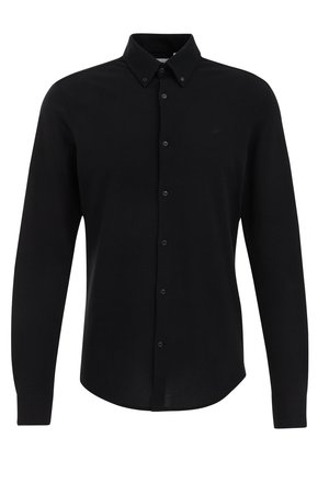 Must pikkade varrukatega nööpidega särgi kraega, millel on sile kangastekstuur ja ees nööpidega kinnitatud sulgemine. Väike logo rinnal.