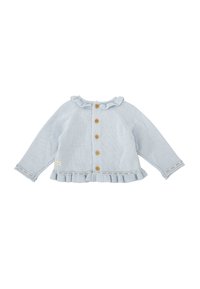 Cardigan de punto azul claro con cuello con volantes, botones de madera, mangas largas y un dobladillo con volantes. Presenta detalles de costura sutiles.
