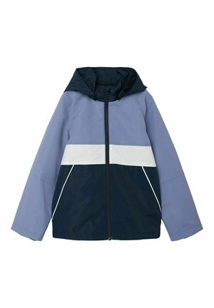 Kurtka z zamkiem błyskawicznym z przodu, w kolorze jasnofioletowym i granatowym w stylistyce color block, z kapturem, kontrastowym białym paskiem i bocznymi kieszeniami.