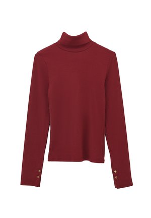 Rode langemouw turtleneck top met ribbelstructuur. Heeft een getailleerd ontwerp en knoopaccenten op de mouwen.