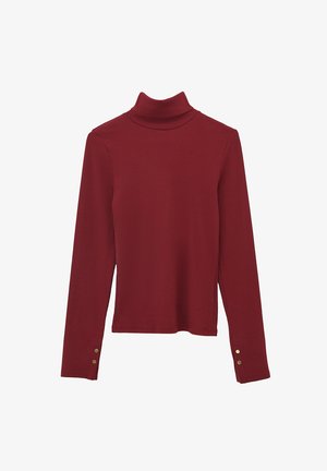 Rode langemouw turtleneck top met ribbelstructuur. Heeft een getailleerd ontwerp en knoopaccenten op de mouwen.