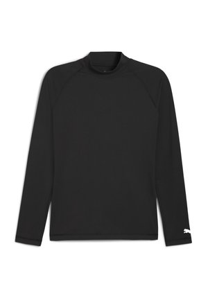 Zwarte langslijf shirt met een opstaande kraag, gemaakt van gladde stof. Heeft raglanmouwen en een klein wit logo op de linkermouw.