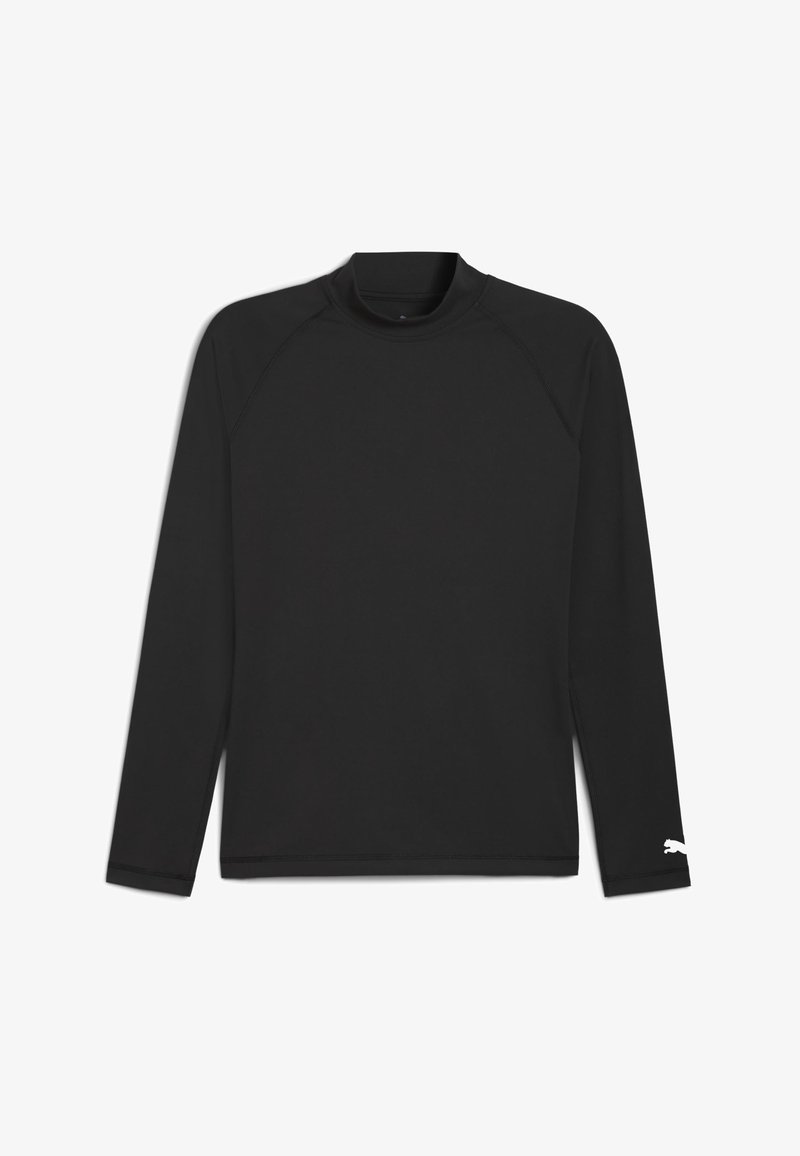 Fekete, hosszú ujjú póló, álló gallérral, sima anyagból készült. Ragasztott ujjak jellemzik és egy kis fehér logó található a bal ujjon.