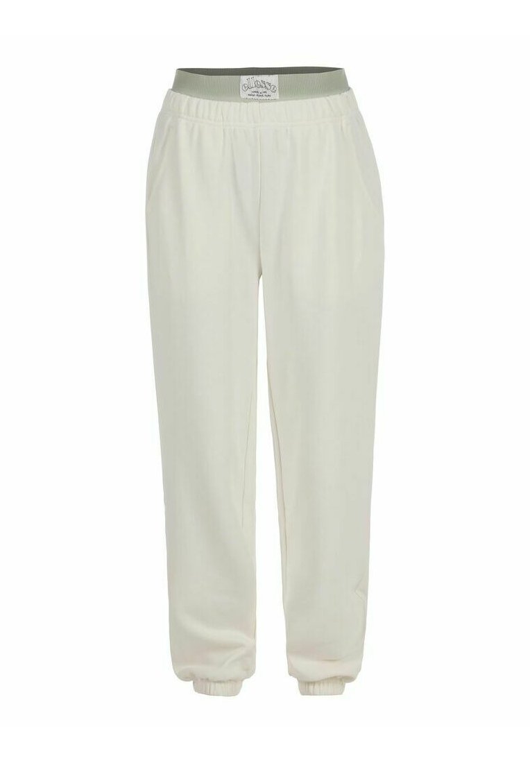 Cremfarbene Jogginghosen mit einem gerippten grünen Bund, elastischen Bündchen und Seitentaschen; aus weichem, leichtem Stoff gefertigt.